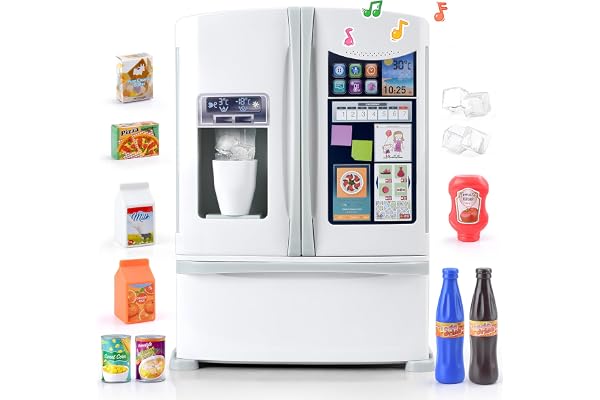 PLAY Frigo Jouet pour Enfant, Set de Cuisine avec Réfrigérateur Jouet, Jouets Alimentaires, Glaçons, Effets Sonores Réalistes, Set de Ustensile Cuisine pour Enfant 3+ Ans - Blanc