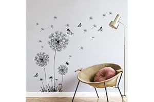 Tanlaby Denti di Leone Adesivi Murali Fiori Adesivi da Parete Tarassaco Farfalla Stickers Muro Removibili Per Camera da Letto Soggiorno Divano TV Decorazione Parete (Nero)
