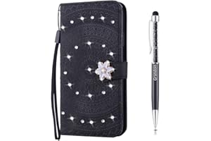 Grandoin Compatible with for Huawei Y6 2019 /Honor 8A Case, Bling Sparkly Diamonds Mandala Pattern PU Leather Flip Cover with Card Slots Bookstyle Wallet Case for Huawei Y6 2019 /Honor 8A (Black)