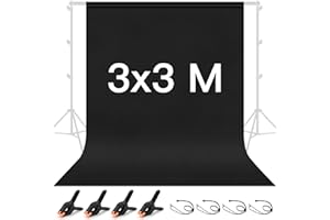 BENOISON Toile de Fond Noir – 3x3m Fond Noir avec 8 Pinces Décors pour Studio Photo Photographie Vidéo Télévision