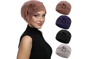 XEPST 4 Pieces Chemo Headwear Turbans Cap Beanie Hat Head Wraps Hair Coverings for Women Sleep Cap Chemo Cancer Hat with Flower Design (4 Colors)