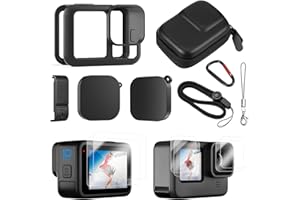 WUISOLQP Per GoPro accessori con porta della batteria, antipolvere, pellicola protettiva in gomma, cordino e copriobiettivo per Go pro Hero 13, custodia in silicone nera (con custodia)