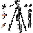 Nineigh Camera Phone Tripod, 75'' Lightweight DSLR Tripod Camera Stand with 3 Way Pan Head, Horizontal Tripod for Smartphone with Remote and Carry Bag for Travel Video Photography YouTube Vlog