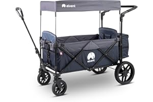 ‎ELVENT elvent® SmartCruiser Premium Bollerwagen - Handwagen faltbar mit Dach I Sitzpolster, Hecktasche, Feststellbremse, Off-Road-Reifen, 5-Punkt-Gurt I für 2 Kinder | Teleskop-Zugstange (Blau)