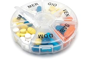 LEDDY LIVING Portapillole Settimanale 7 Scomparti Rotondo 8,5 cm - con Scritte Grandi in Italiano per Pillole e Integratori – Nuovo Modello con Cerniere Rinforzate – Organizer Compatto e Facile da Usare