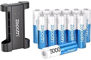 Zepath 12 x AA Rechargeable Lithium Batteries With 2 Slot Charger, High Capacity 3000mAh Lithium AA Battery 1.5V Constant Output 1600 Cycles, Rechargeable Battery Charger Fast Charging