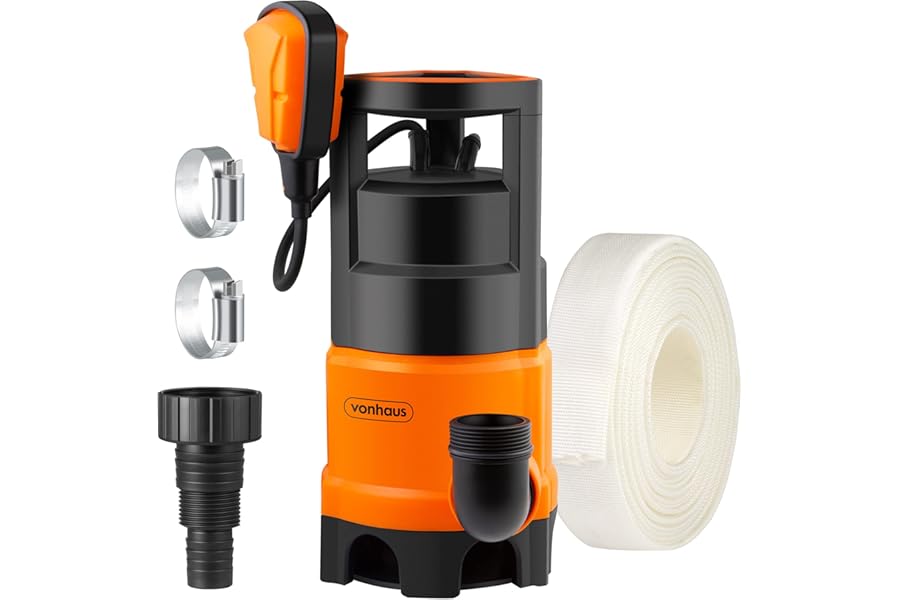 VonHaus Submersible Water Pump with 8m Hose (400W) - Includes Jubilee Clips - Drain Dirty or Clean Water from Pond, Swimming Pool, Hot Tub, Flooded Cellar - with Float Switch & Hose Connector