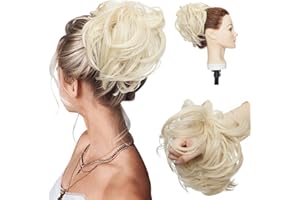 S-NOILITE Tousled Updo Chignon Désordonné Extension de Cheveux Naturels Queue de Cheval avec élastique Postiche Synthétique pour les Femmes Bleach Blond