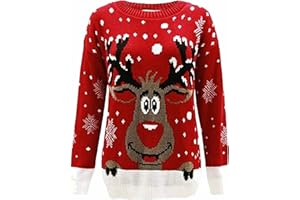 ZAFS Kids Boys and Girls Stylish Christmas Jumpers Children Cute Cartoon Printed Jumpers Adorable Bambi Reindeer Snowflake Nose Pom Pom Multi Pom Pom Prints Xmas Jumper