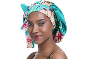 SENGTERM Bonnet de Nuit en Soie Femme aux Cheveux Bonnet en Satin Bonnet de Nuit Large Bande Soyeuse élastique à Double Couche pour Femmes Noires aux Cheveux Longs et bouclés