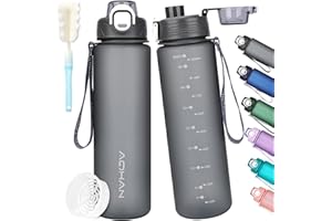 AOHAN Butelka na wodę 1 l, butelka na napoje z filtrem, sportowa butelka na wodę z motywacyjnym narzędziem do pomiaru czasu i szczotką do butelek, bez BPA, szczelne butelki na wodę do fitnessu, na