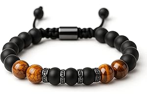 Ovyntremis Tiger Eye Men's Bracelet, 8mm Beads on Braided Elastic Rope – Handmade Good Luck Jewellery, Gift for Him with Elegant Box