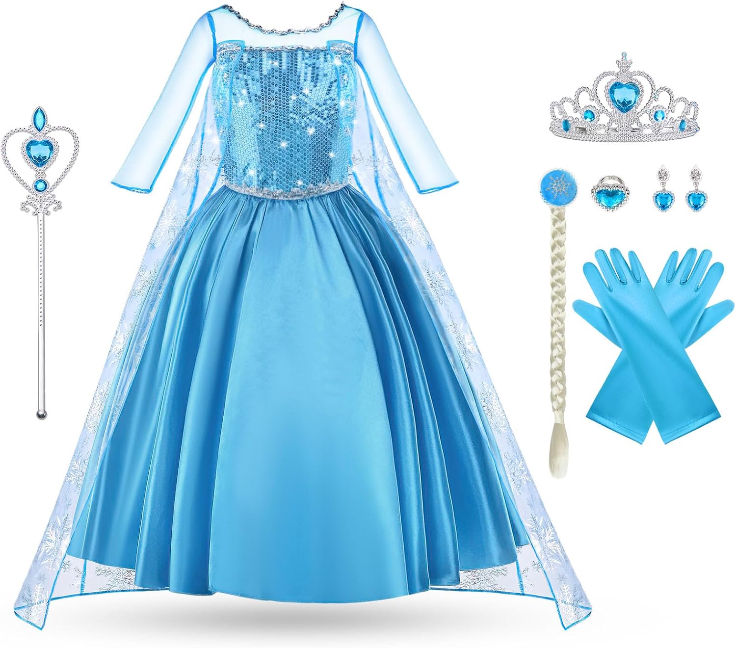 Vicloon Disfraz de Elsa para niña,vestido Elsa para niños, juego con corona de varita mágica, Halloween, Navidad, cumpleaños, fiesta, disfraz, disfraz de niña, azul