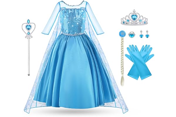 Vicloon Robe Elsa Enfant de Princesse, Robe Princesse Elsa, Deguisement Elsa Reine des Neiges, avec Accessoires de Baguette Magique Princesse Couronne