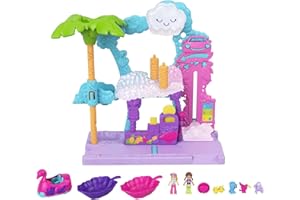 Polly Pocket - Pollyville Autolavaggio dei Fenicotteri, 2 mini bambole, macchinina a forma di fenicottero con effetto cambia-colore, accessori per giochi d'acqua, Giocattolo per Bambini 4+ Anni, HHJ05