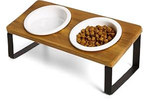 PETLINUS Gamelle Chat Surélevée et Inclinée Double - Gamelle Chat Céramique avec Support en Bois Incliné à 15º- Gamelle Chiot, Gamelle Chien Petit ou Bol Chat, Mangeoirs et Abreuvoirs - Acacia