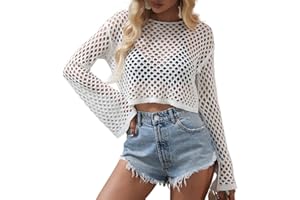 YINGKE Mujer Sexy Ganchillo Crop Top Verano Manga Larga Camisetas Hueco hacia Fuera Jersey Punto Ver a Través Cover Up Y2K Streetwear
