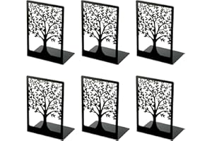 Atliberswo 6 Stück Buchstützen Metall - Buchstütze Schwarz mit Muster der Form des Lebensbaums, Bücherhalter für Büro Schule Zuhause Bibliothek (18x12x8cm)