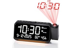 Roxicosly Loud Alarm Clocks with 350° Rotatable Projector, Projection Clock Radio with Weekend Weekday Mode, Dual Alarms, 5 level Brightness, 7 Volumes, Temp, Date, Battery Backup for Heavy Sleepers