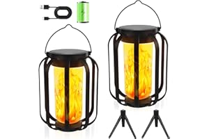 BATDTECH Solar Gartenleuchten mit Realistischem Flammeneffekt, Lanterne Solaire à Flamme IP65 Wasserdicht & Winterfest für Terrasse, Wand, Tisch, Standfuß & Hängeöse (Schwarz 2 Stück)