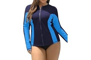 ATTRACO Womens Rash Vest Plus Size Long Sleeve Swim Top Zipper Long Sleeve Rash Guard UPF50+ Swimsuit