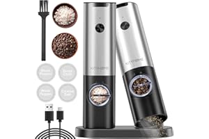 KITYHOME Elettrico Macina Pepe con Base Ricaricabile, macina sale pepe con luce a LED e grossolanità regolabile, Acciaio inossidabile macinapepe con capacità di 70ml