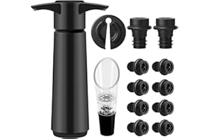 AUROAY Bomba de vino con 10 tapones de vacío, vertedor decantador, cortador de cápsulas, tapón de vino, tapón reutilizable para botellas de vino