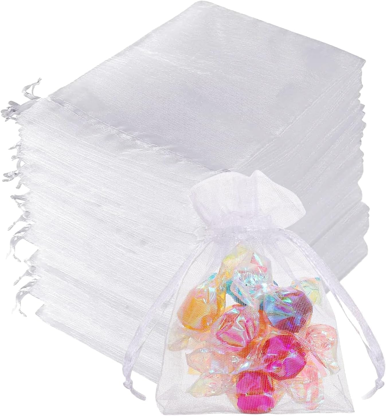 Quelcc 100 Piezas Bolsas de Organza, 7x9cm Bolsas Organza, Bolsitas de Tela Pequeñas Blancas para Bolsas Regalo con Cordón, Bolsita de Tul, Joyas, para Boda Favores Joyas y Dulces