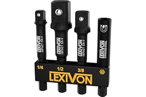 LEXIVON Juego de adaptadores de vasos de impacto y porta-puntas magnético | 4 piezas de extensión de 1/4 de pulgada hexagonal a 1/4", 3/8" y 1/2" | Incluye estante organizador (LX-104)