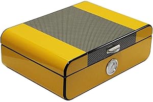 Tauzveok Boîte Cigare Laque Thermomètre Humidificateur, Boîte De Cigarettes De Cèdre Laqué Brillant, Charnière Matérielle Boîte À Cigares en Bois Massif,Jaune