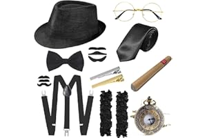E EBETA Années 1920 Hommes Déguisements Accessoires, Flapper Accessoire Gatsby Costume Année 20 avec Chapeau Bretelles à Dos en Y Homme Faux Cigare Montre de Poche Vintage (E)