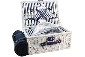 HappyPicnic Picnic Basket Willow per 4 Persone | Grande Vimini Hamper Set con Grande Dispositivo di Raffreddamento Isolato scompartimento Pile Libero Coperta 184 Bianco
