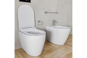 ARREDITALY Coppia Sanitari Filomuro Filo Muro Filo Parete Vaso WC E Bidet Design Moderno In Ceramica Con Copriwater Chiusura Soft Close Chiusura Rallentata (Bianco Opaco)