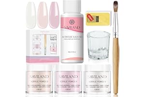 Saviland Acrylic Nail Kit, 3 Colors Pink Nude Clear Acrylic Powder and Liquid with Brush, Froms Dappen Dish Set for Nail Extensions & Manicures
