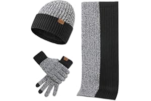LumiSyne Winter 3 In 1 Scarf Hat Glove Set For Men Women Fashion Simple Two-Color Jacquard Touch Screen Gloves Knitted Beanie Hat Long Scarf Thickened Soft Wool