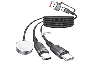 SUNGUY Kabel ładujący do ładowarki Apple Watch - 3 w 2 kabel USB C, 1,5m, 60 W, kabel szybkiego ładowania USB C, kompatybilny z iWatch Ultra 2/SE 2/10/9/8/7/6/5/4/3/2/1, z iPhone 16/15 Pro Max Plus, iPad