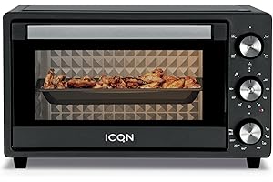 ICQN Forno Elettrico 20 Litri, 1500 W, forno per pizza, 5 funzioni cottura, Ventilato, Timer 90 minuti, Mini Forno, Temperatura da 40° - 250°C, Griglia e teglia inferiore raccogli briciole, Nero