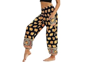 Nuofengkudu Femme Harem Pantalon Yoga Sarouel Legers Hippie Baggy Léger Ethnique Calqué Smockée Taille Haute avec Poches Été Plage