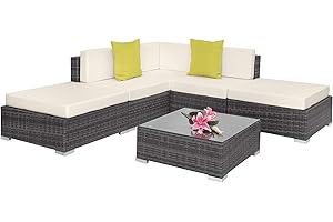 TecTake® Conjunto Jardín en Ratán y Aluminio con Cojines de 10 cm, Conjunto Terraza Resistente a la Intemperie, Muebles Jardín Exterior 3 Sillones, 1 Puf, 1 Mesa con Cristal, Fundas Extraíbles - Gris