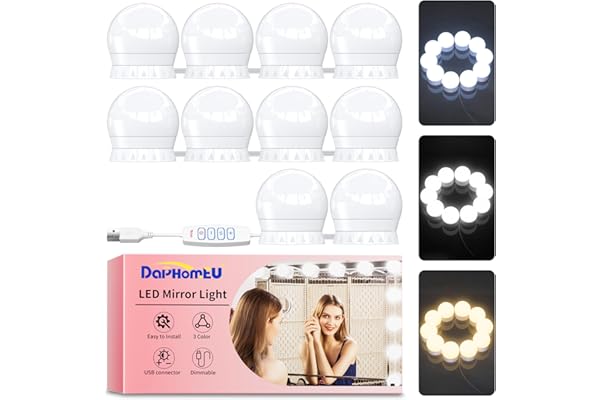daphomeu Lumière de Miroir, 10 Ampoules Hollywood Kit de Lumière LED, Câbles parfaitement Cachés, 3 Couleurs et 10 Intensités, Lumière Miroir USB pour Coiffeuse Maquillage