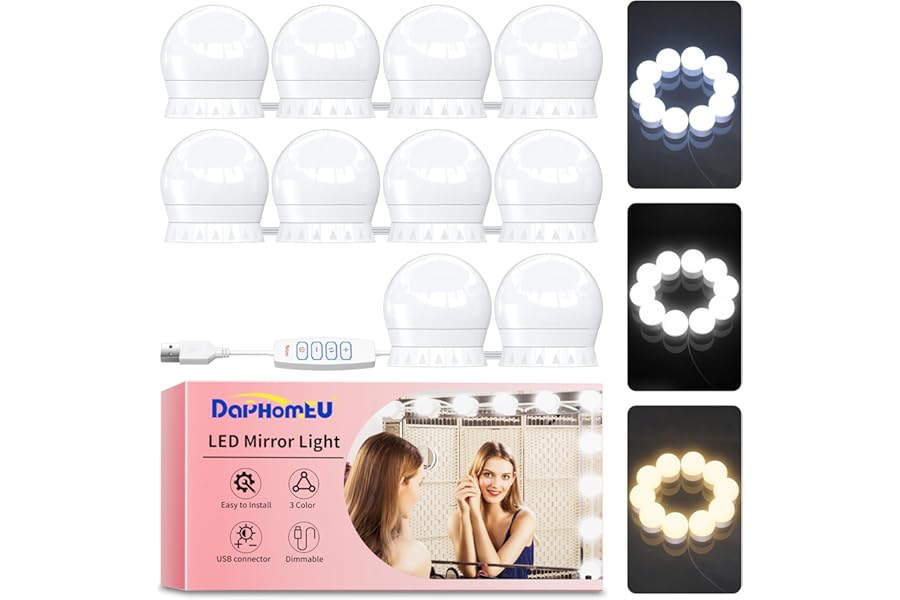 daphomeu Mirror Lights 10 Bulbs, Hollywood Mirror Light Kit, Vanity Lights Perfectly Hidden Cables, 3 Colors and 10 Intensities, USB Make up Lamp for Dressing Table, Bathroom, Bedroom
