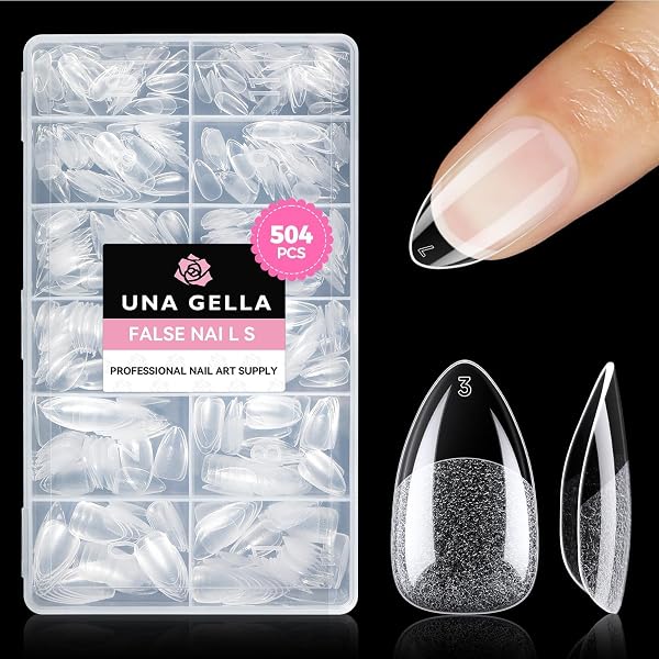 UNA GELLA Kurze Mandel Nail Tips, 504 Stück Nageltips Almond Tips für Gelnägel Soft Gel Nagelspitzen Full Cover Nails Tips für Acrylnägel, Nagelkunst & DIY Nagelstudio zu Hause 12 Größen - 1