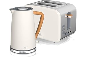 Swan Nordic Cotton White Kitchen Set with 1.7 Litre Kettle and 2 Slice Toaster, Wood Effect and Soft Touch Matte Finish, Stainless Steel, STP2090WHTN