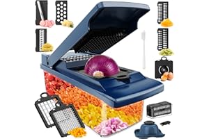 Coupe legumes Multifonctions,T-GOGO 16 en 1 Mandoline Cuisine Professionnelle,Decoupe Legumes avec 8 Lames Remplaçable, Hachoir Legume pour Carotte,Pomme de Terre,Oignons,Tomates- Bleu