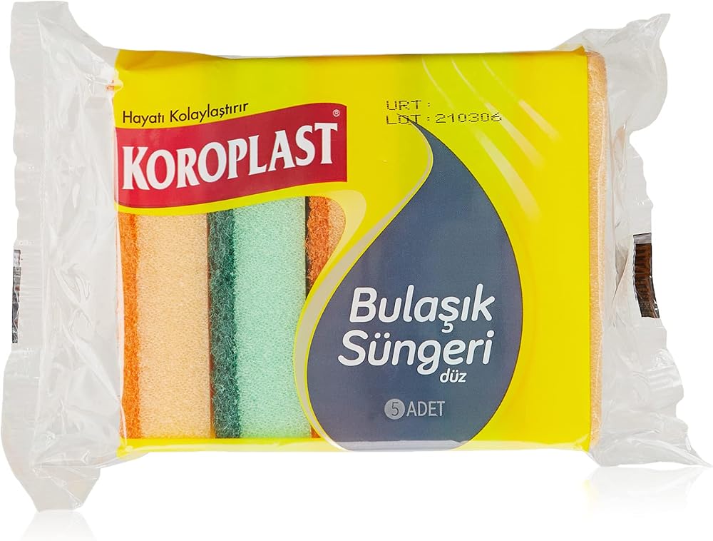 Koroplast Çift Taraflı Düz Bulaşık Süngeri 5'li, Çizik & İz Bırakmaz, Yağ ve Leke Giderici Pratik Temizlik Süngeri, Tava, Tencere, Tabak, Bardak, Çatal, Bıçak, Ocak, Tezgah, Cam & Seramik Yüzeyler