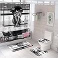 DDS-DUDES 4Pcs African American Black Girl Waterproof Shower Curtain Sets for Bathroom with Non Slip Rugs, Toilet Cover and Bath Mat, 12 Plastic Hooks (Girl-Sit)