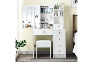 Puselo Modern Makeup Vanity Dressing Table with 5 Drawers,White Vanity Set with Lighted Sliding Mirror, Vanity Desk with Cushioned Stool Set for Girls Bedroom (Modern1906)