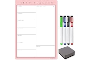 The Magnet Shop Magnetic A3 Weekly Meal Planner – Customisable Whiteboard Planner, Menu, Shopping List and Wall Organiser - with 4 Dry Erase Pens and Eraser (Blush, A3)