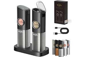 Sangcon Macinasale e pepe elettrico con sensore di gravità, macinaspezie con doppio caricatore, grado di macinazione regolabile, luce LED, NERO