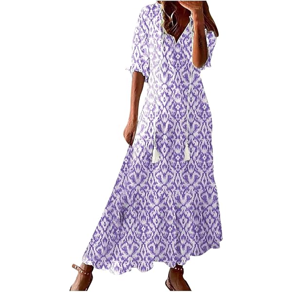 DURINM Robe De Plage Femme Été Fleurie - Col V Manches Courtes Longue Taille Haute Casual Cocktail